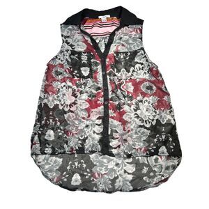 Bar III Floral Sleeveless Button-Up Blouse Medium Black Gray Red Womens Tank Top